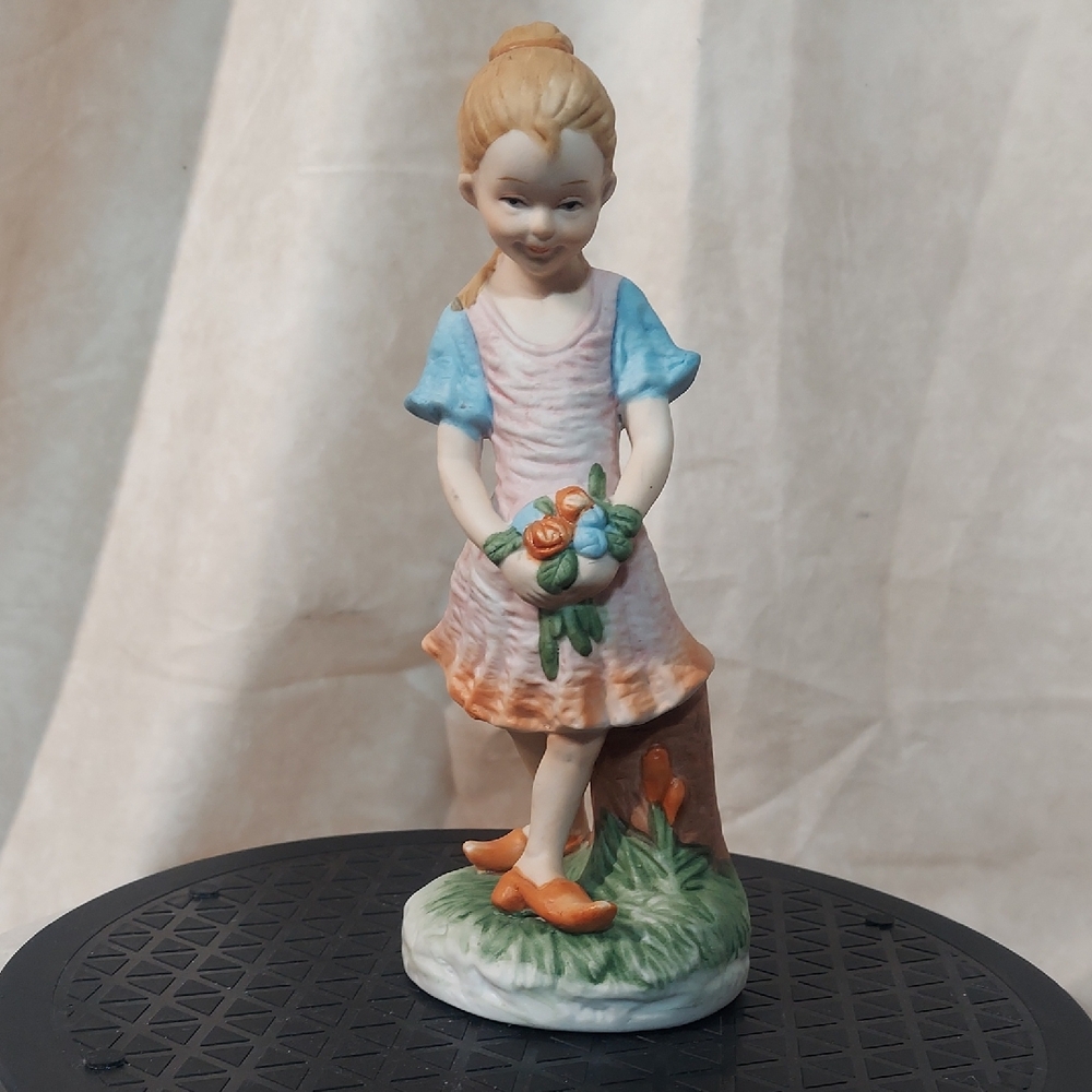 Vintage Porcelain Girl Figurine with Flowers | Cottagecore Decor | EUC